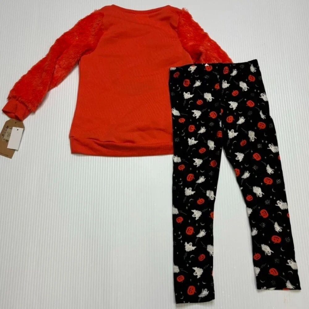Pumpkin Halloween Shirt, Leggings, Headpiece 4T Black Orange 3 Piece Set Girls
